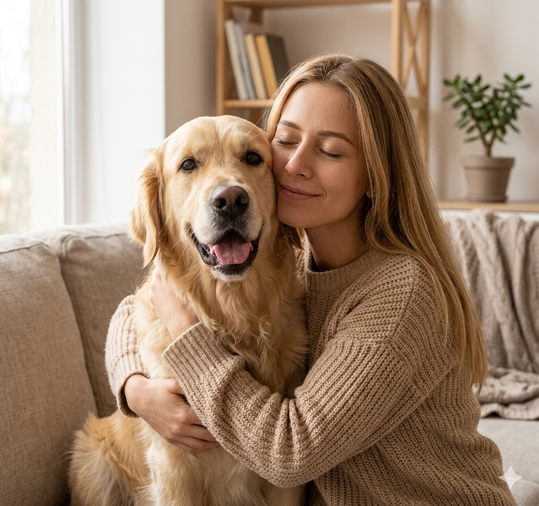 Dog owner hugging a golden retriever