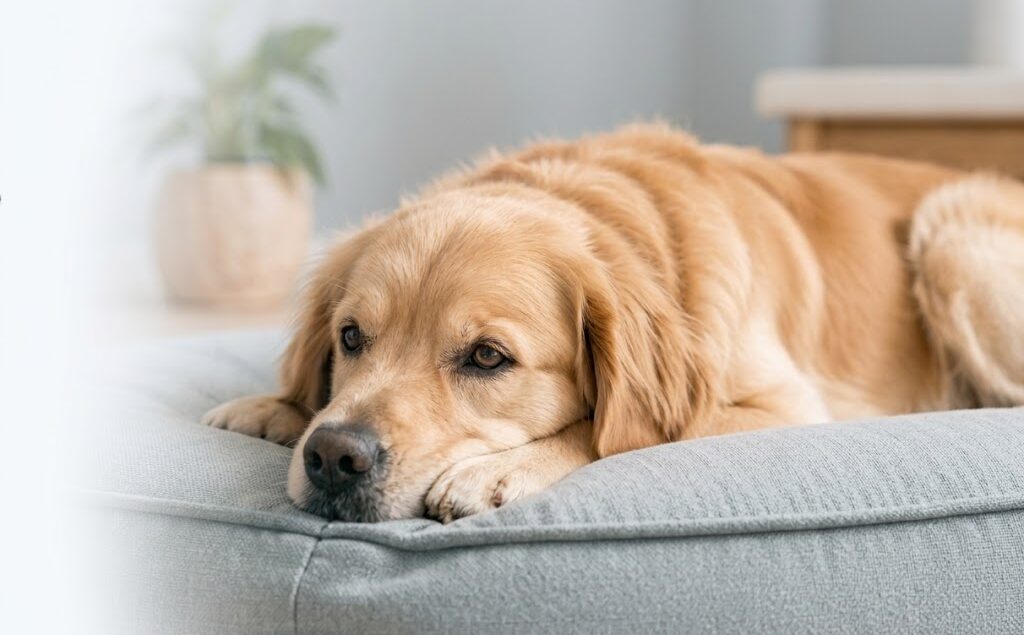Golden Retriever resting calmly on a sofa