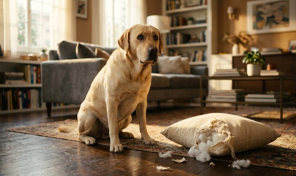 A dog sitting next to a damaged pillow in a living room, representing destructive chewing behavior.