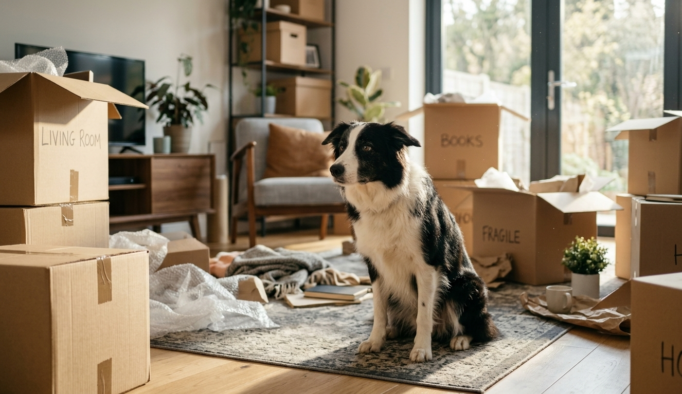 An anxious Border Collie sitting on a wooden floor surrounded by half-unpacked cardboard moving boxes.