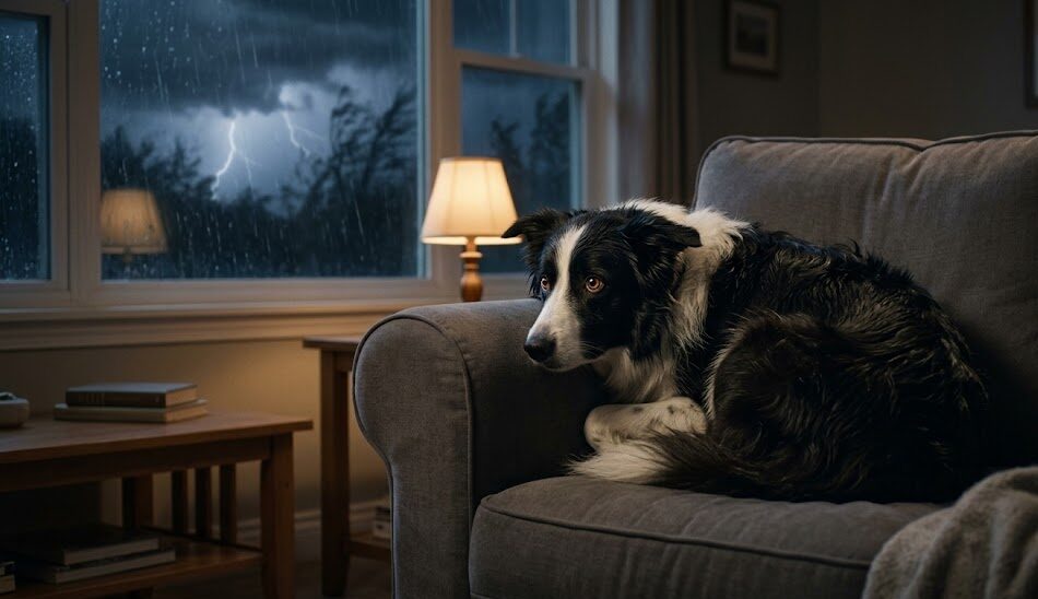 An anxious Border Collie hiding in a living room during a severe thunderstorm.