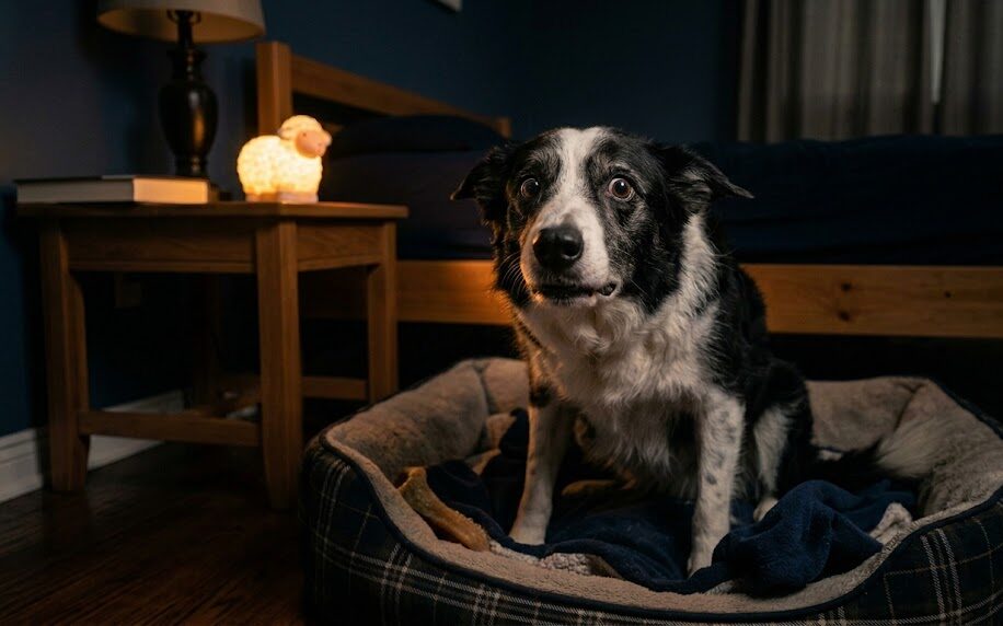 An anxious Border Collie sitting on its bed and panting heavily in a dimly lit room.