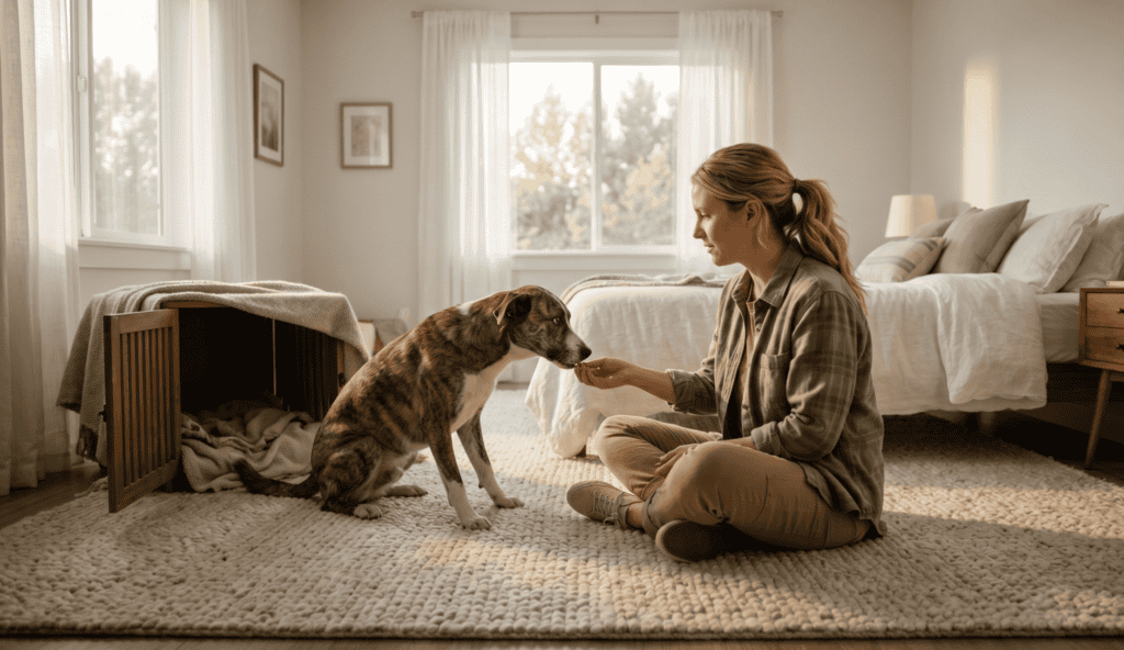 A patient owner using positive reinforcement treats to calm an anxious rescue dog near its safe den.