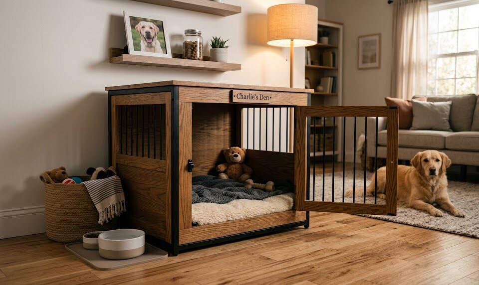 An organized and calm crate setup used for safe dog confinement.