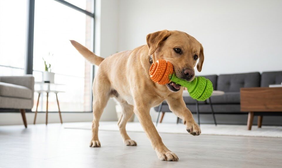 A dog happily chewing on an appropriate rubber toy to satisfy their instinct.