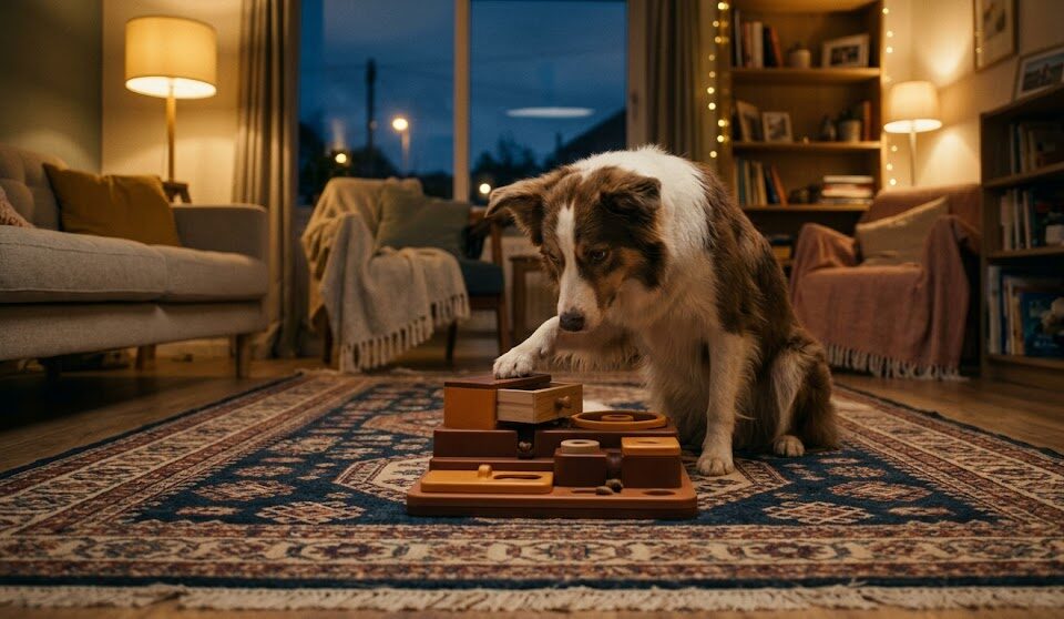A focused dog playing with an enrichment puzzle toy in the evening.