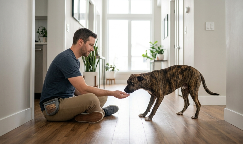 An owner using positive reinforcement treats to help a cautious dog explore a new home hallway safely.