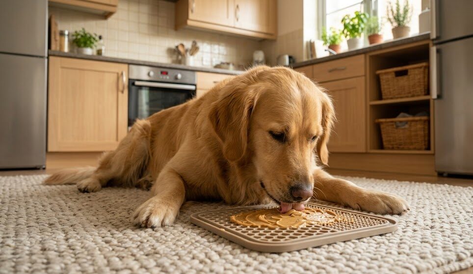 A relaxed Golden Retriever using a textured lick mat to calm down after a stressful event.