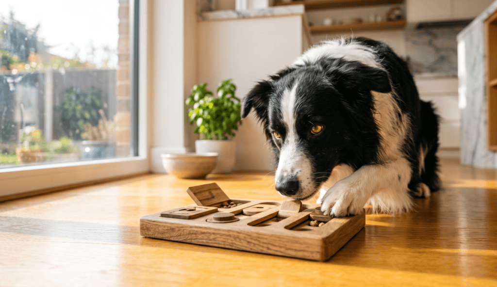 A focused Border Collie engaging with a wooden puzzle feeder toy for natural dog stress relief.
