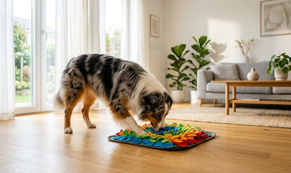 An active Australian Shepherd foraging for treats inside a soft snuffle mat to reduce clingy behavior