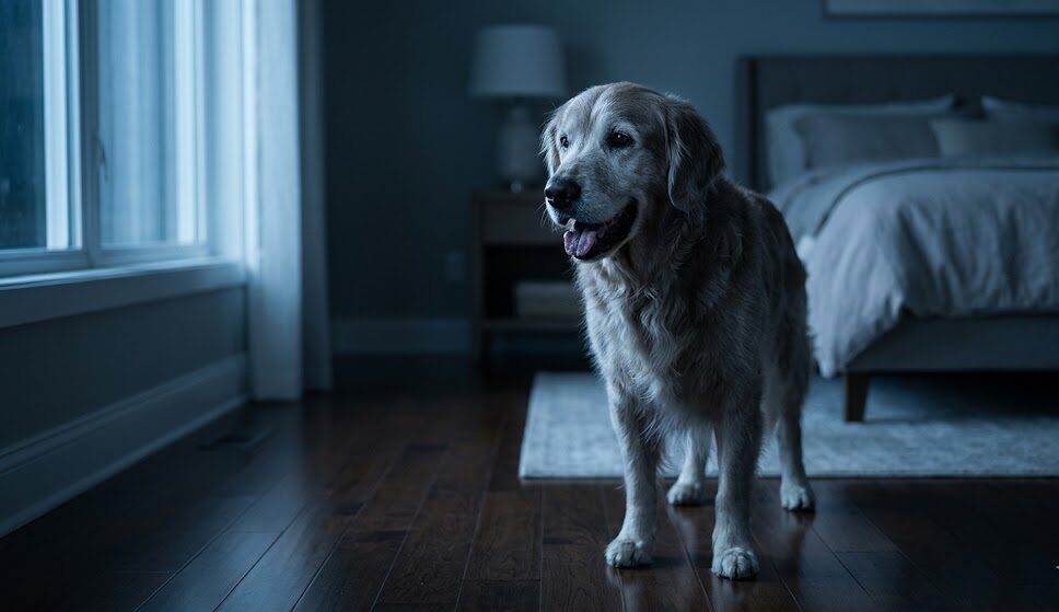 A restless senior Golden Retriever panting and pacing on a hardwood floor in a dimly lit bedroom at night.