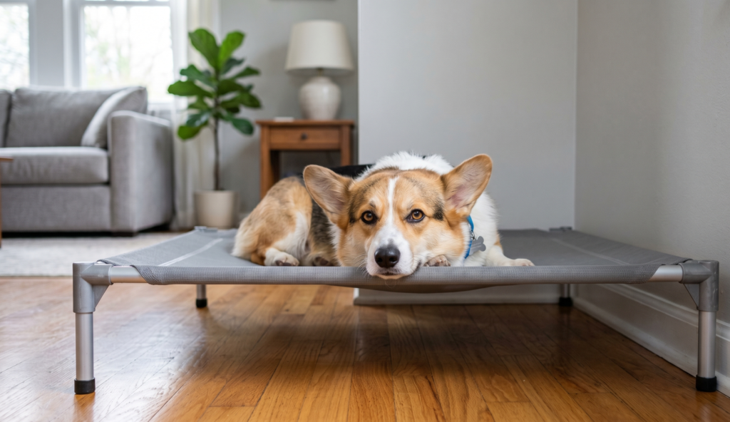 A relaxed Corgi staying calmly on its designated training cot to build healthy independence.