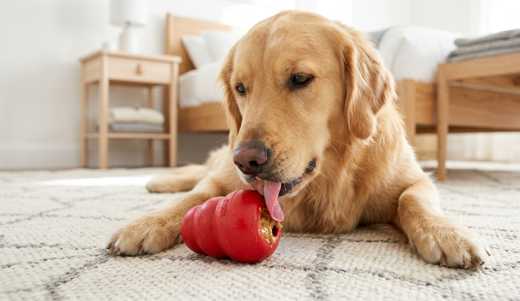 A relaxed Golden Retriever focused on a frozen enrichment toy inside a new home setting.