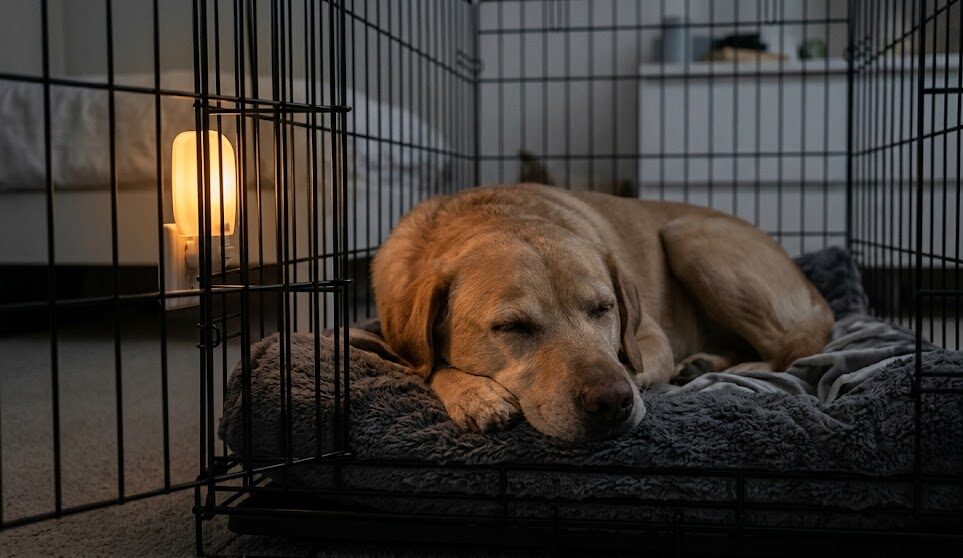 A relaxed dog resting comfortably in a crate at night.