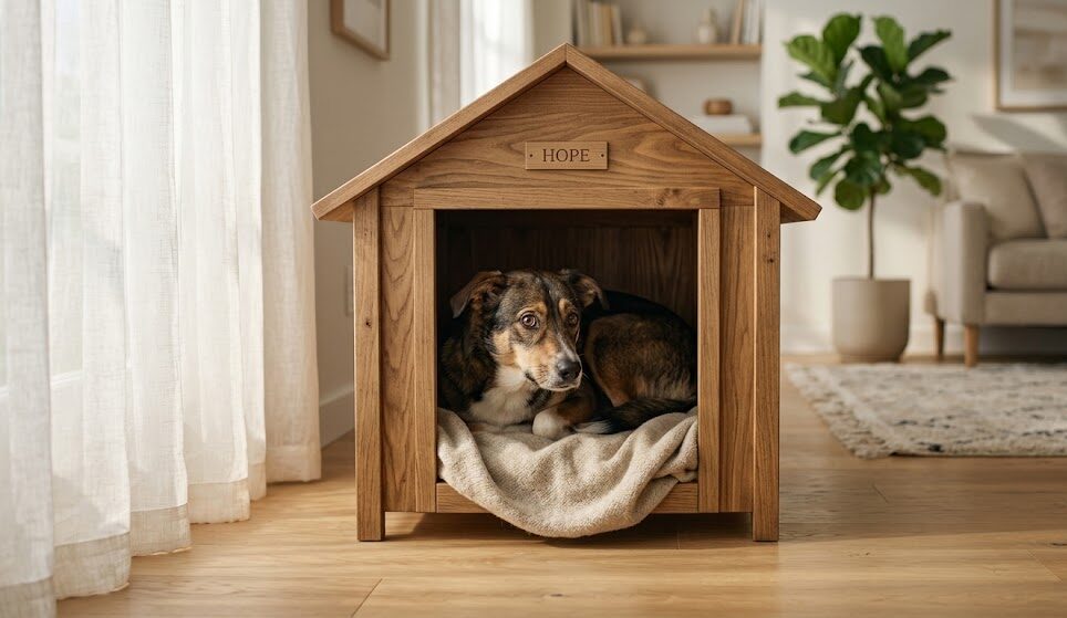 A nervous rescue dog looking out cautiously from a secure indoor den in a peaceful home.