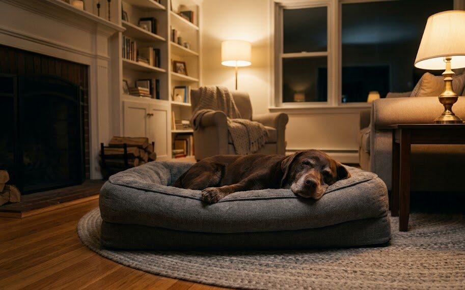 A calm senior Labrador retriever resting its head on a comfortable orthopedic bed at night.