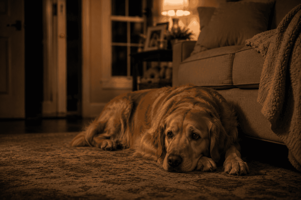 Golden retriever showing signs of anxiety indoors at night