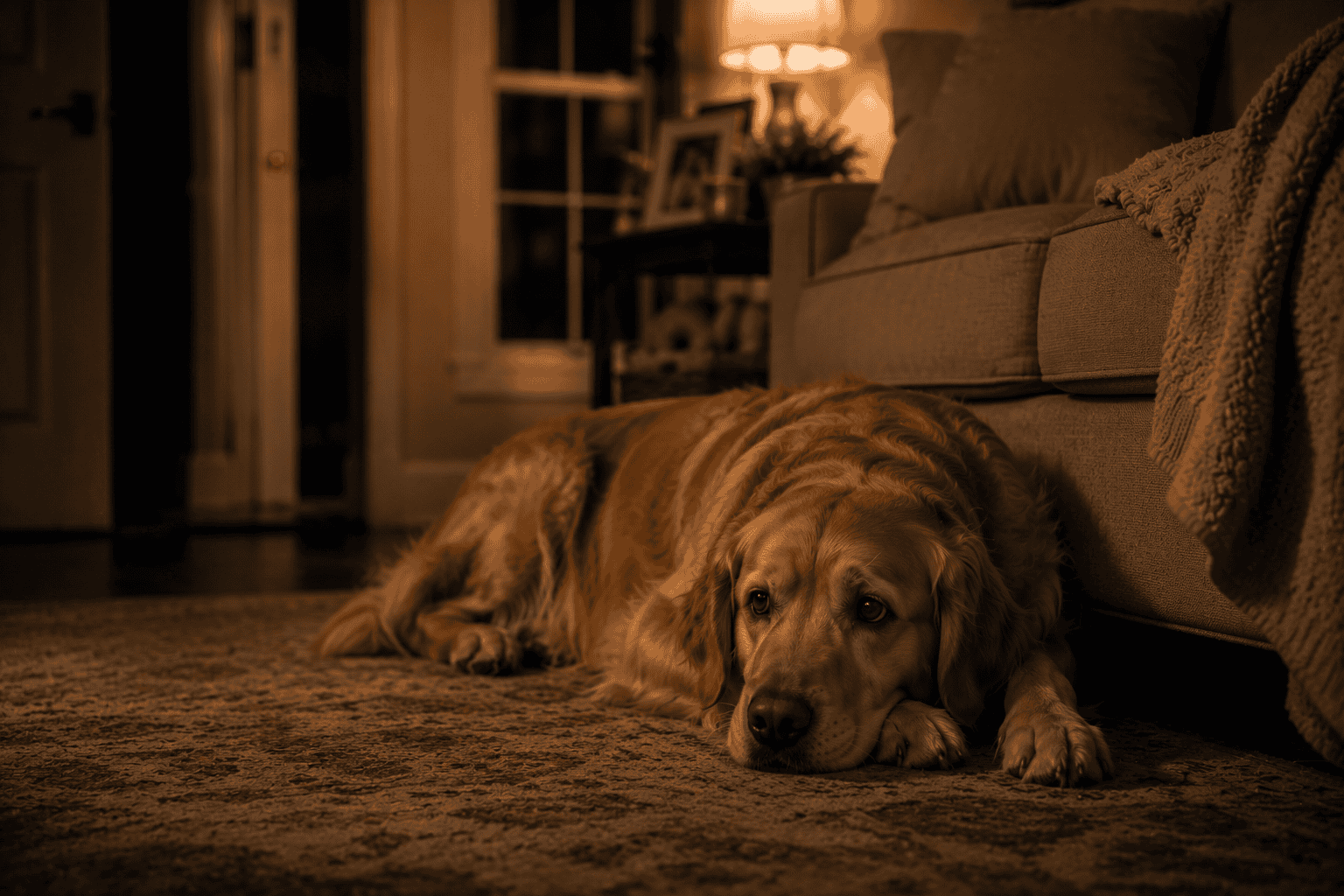 Golden retriever showing signs of anxiety indoors at night