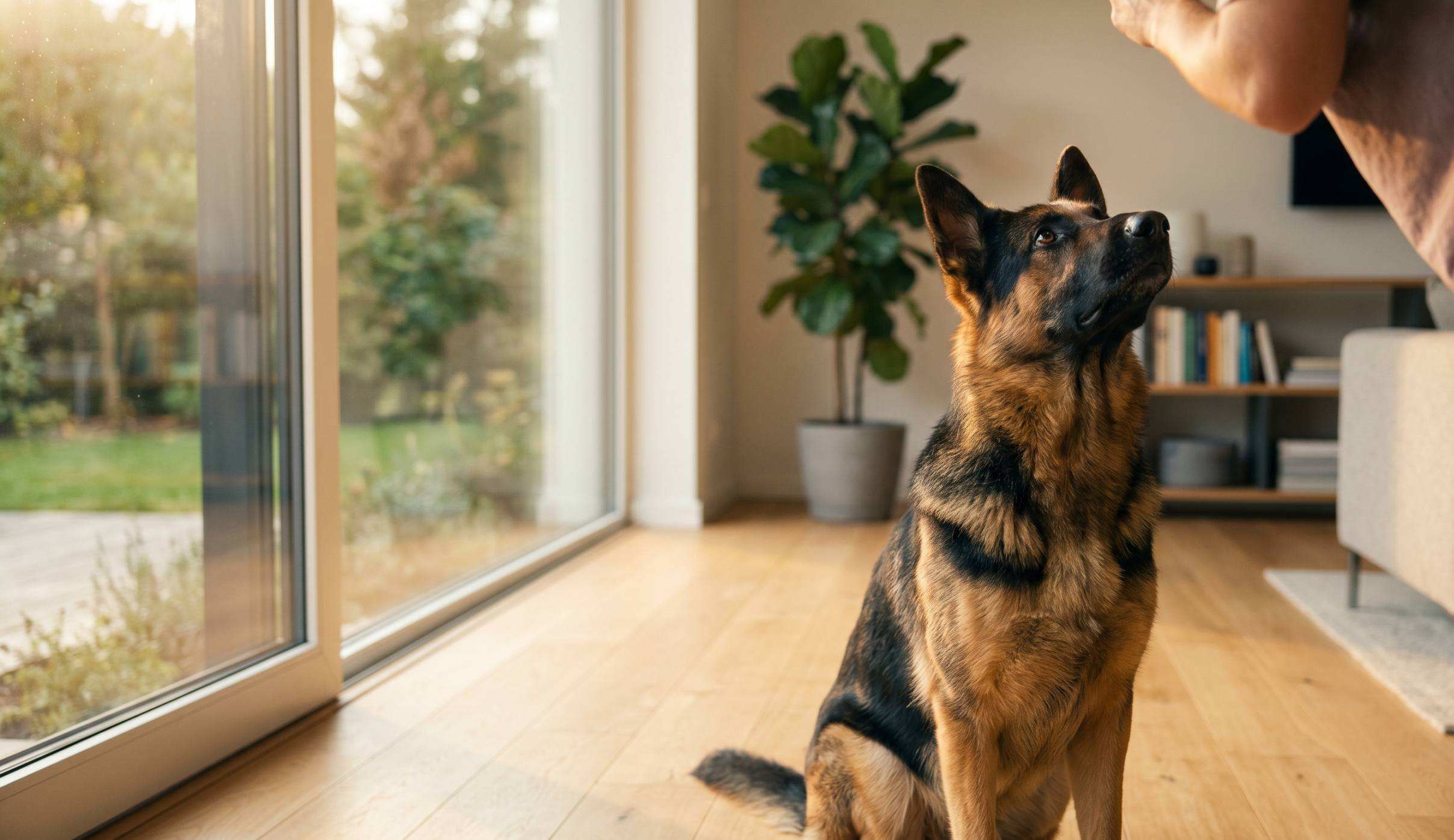 An attentive German Shepherd sitting closely and following its owner around a bright, cozy living room.