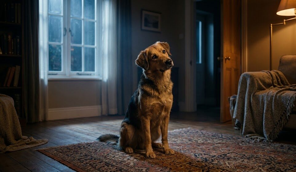 An alert dog looking towards a doorway in a dimly lit living room at night.