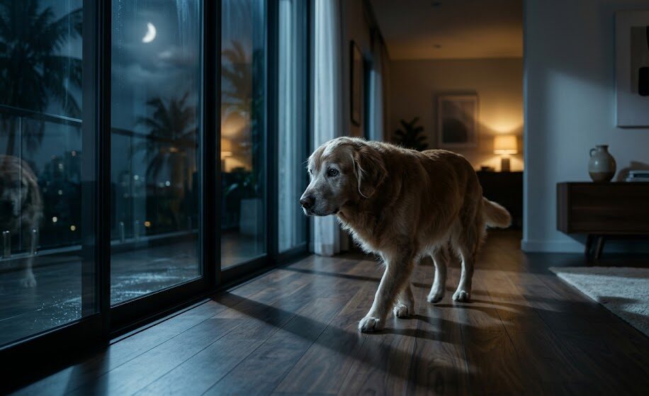 A restless senior dog pacing across a living room floor at night under dim moonlight.