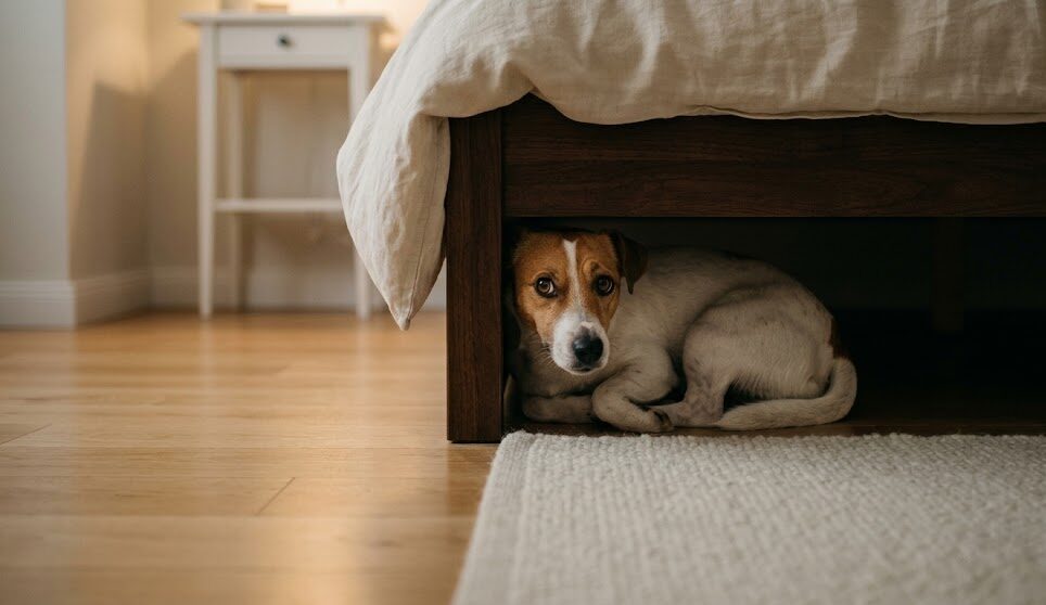 A terrified Jack Russell Terrier shaking and hiding under a wooden bed frame in a dimly lit room.
