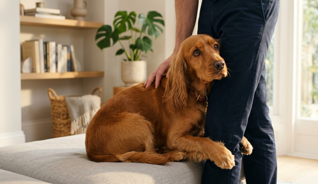 A clingy Cocker Spaniel sitting closely against its owner's legs inside a warm, modern living room setting.