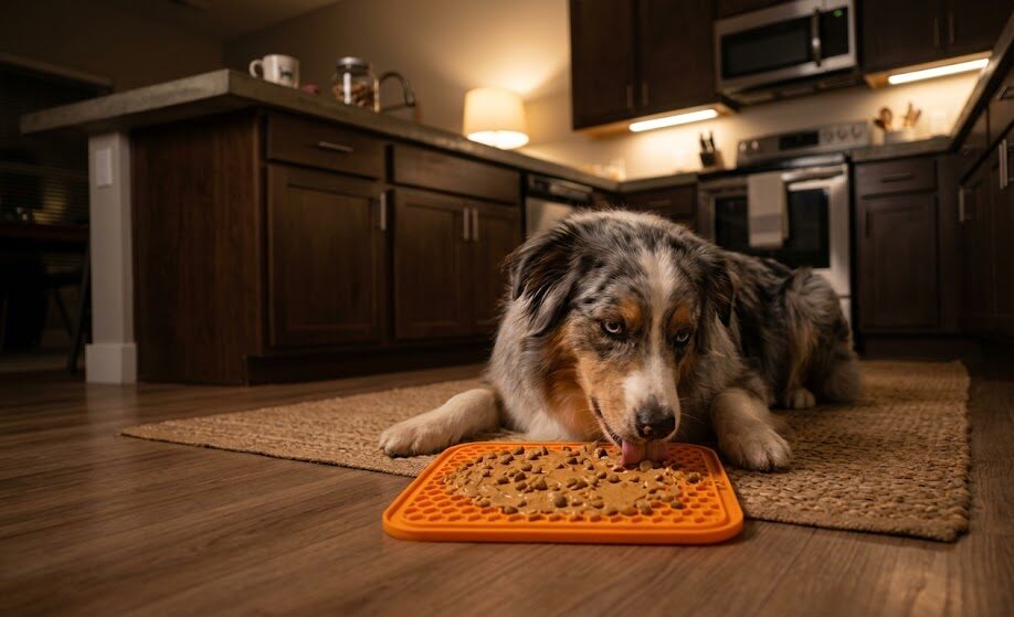 A focused dog working on an enrichment lick mat to relieve isolation stress.