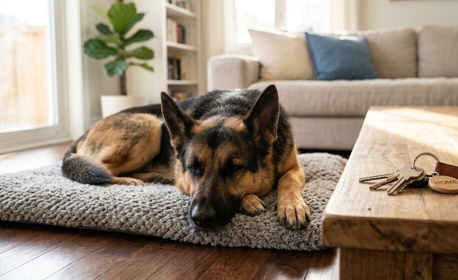 A relaxed German Shepherd resting on its mat near house keys, showing canine isolation distress solutions.