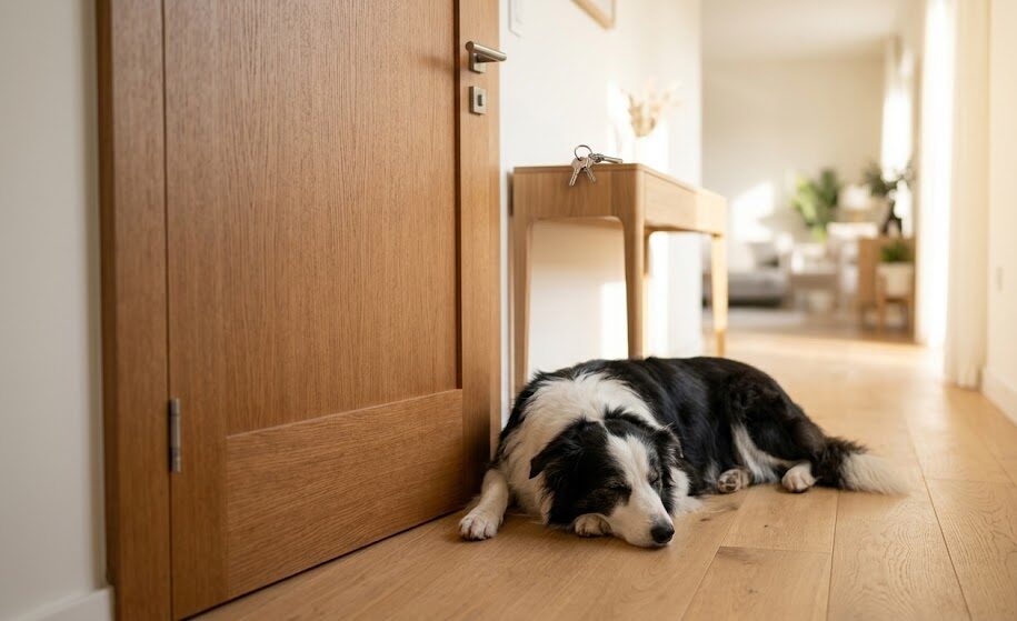 A calm Border Collie resting peacefully by a door, illustrating dog separation anxiety solutions.