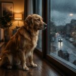 An anxious Golden Retriever looking out a living room window, showing signs of separation anxiety.