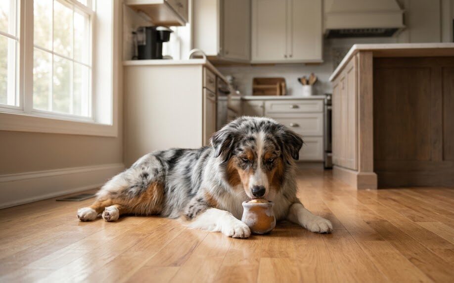 A relaxed dog focusing on an enrichment toy, showing how to comfort an anxious dog.