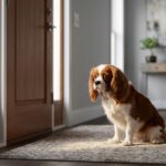 A sorrowful dog sitting by a closed front door, whimpering as its owner leaves.