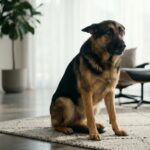 An anxious German Shepherd displaying subtle dog stress symptoms in a living room.