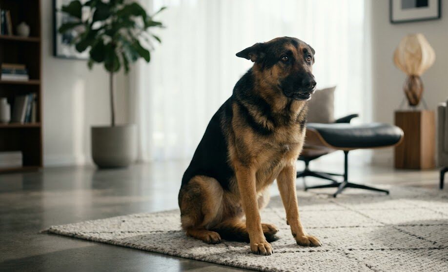 An anxious German Shepherd displaying subtle dog stress symptoms in a living room.