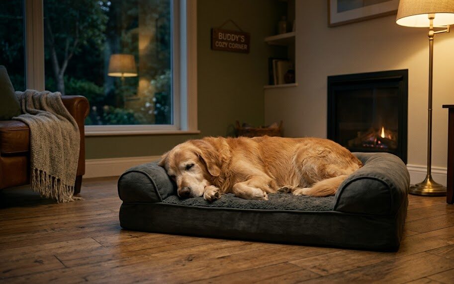 A senior Golden Retriever resting comfortably to relieve senior dog stress warning signs.