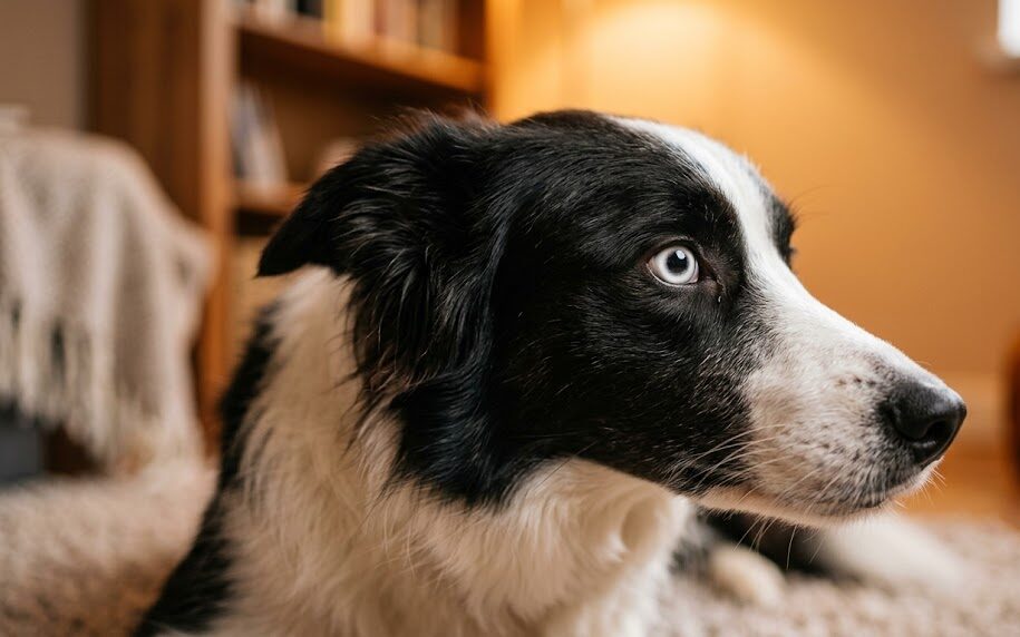 A close-up of a dog showing whale eye, illustrating subtle signs of dog stress.